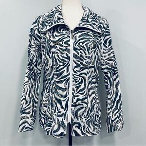 CHICO’S M Zebra Striped Animal Print Funnel Neck Full Zip Windbreaker Jacket 1
